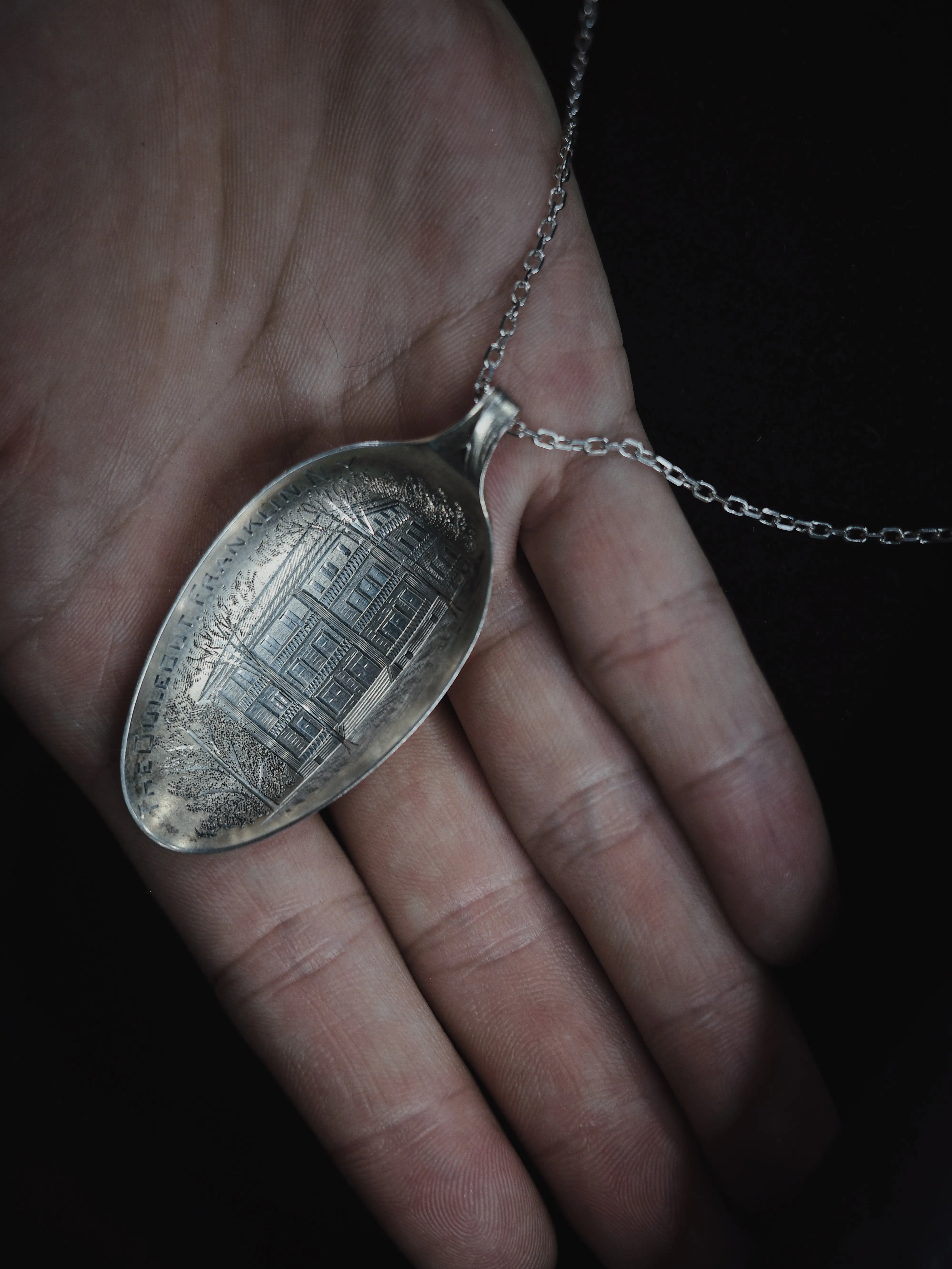 Upcycled Antique Souvenir Spoon Pendant, Architectural Engraving Silver Necklace