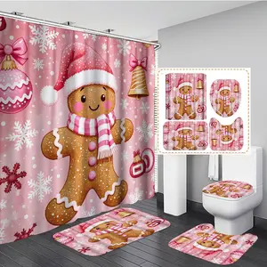 1/3/4PCS Christmas Style Gingerbread Man with Decorations on Pink Background Shower Curtain Set with Rugs, Non Slip Bath Mat, U-Shape Carpet, Toilet Lid Cover, Polyester Fabric Bathtub Curtain Accessories, 12 Hooks, Home Bathroom Festival Decor