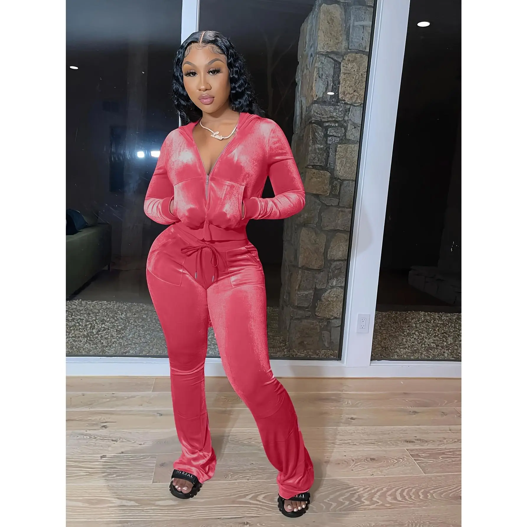 Velvet Two-Piece Set, Zip Up Hoodie & Flare Leg Pants Outfits For Spring & Fall, Women's Clothing