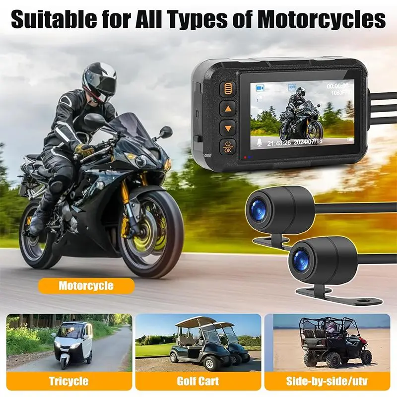 Motorcycle Dash Cam Front and Rear Dual Camera, IP67 Waterproof Dual Camera with 32GB Card, 3inch HD Car Camera with G-Sensor, Night Vision Function, Loop Recording, Suitable for Motorcycle Racing Sports Car Accessories Father's Day Gift