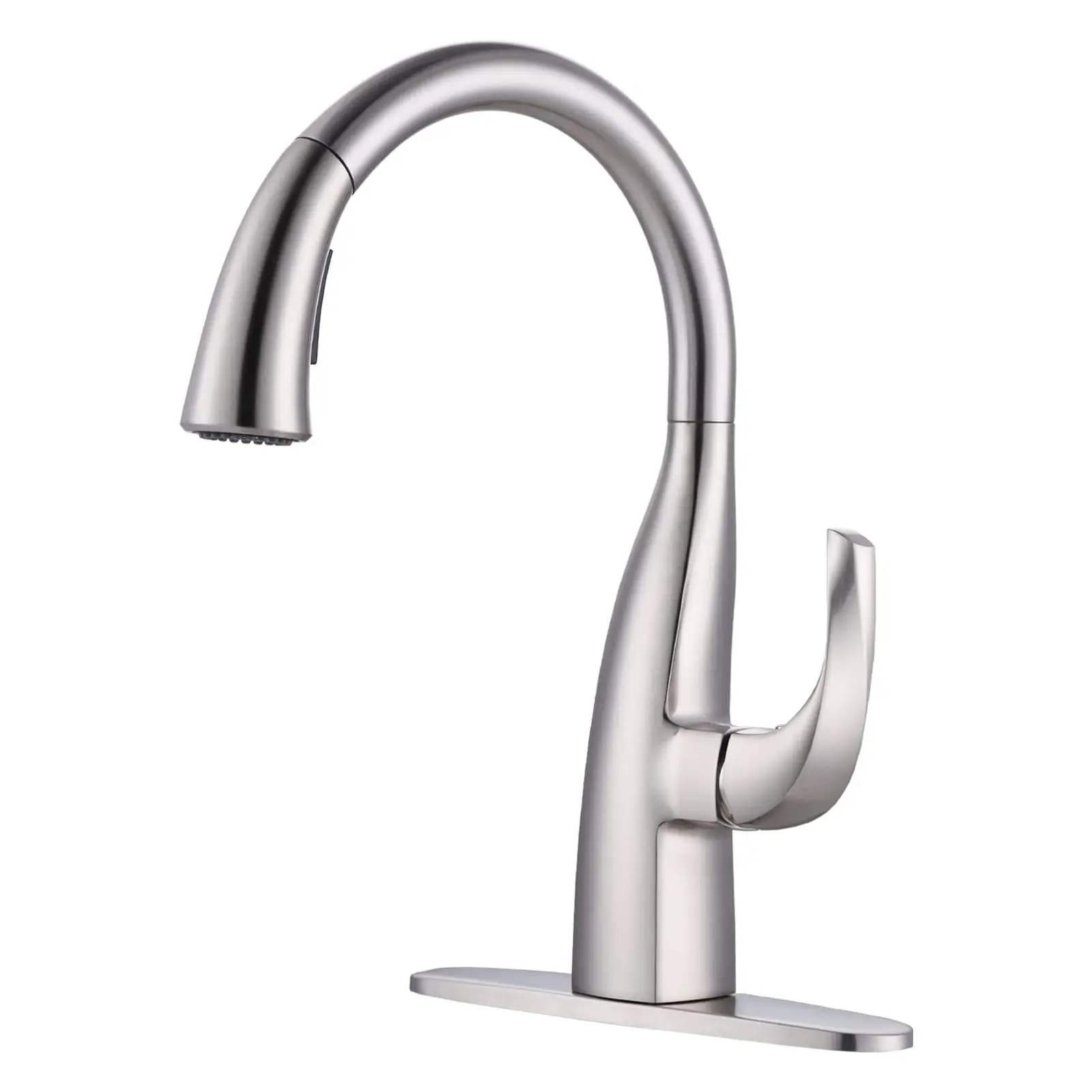 WOWOW Brushed Nickel Dull Nickel Stainless Steel Kitchen Faucet with Sprayer Attachment, Single Handle High Arc Gooseneck Sink Faucet with Deckplate, Faucet Sprayer Attachment