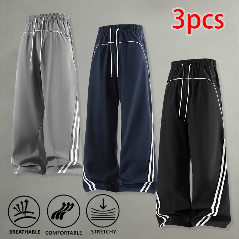 Men's Multi-Pack Loose-Fit Striped Track Pants - Elastic Drawstring Trousers for Gym, Travel