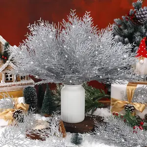 24 pieces of shiny silver artificial pine branches - glittering fake pine branches, suitable for DIY Christmas wreaths and home decoration