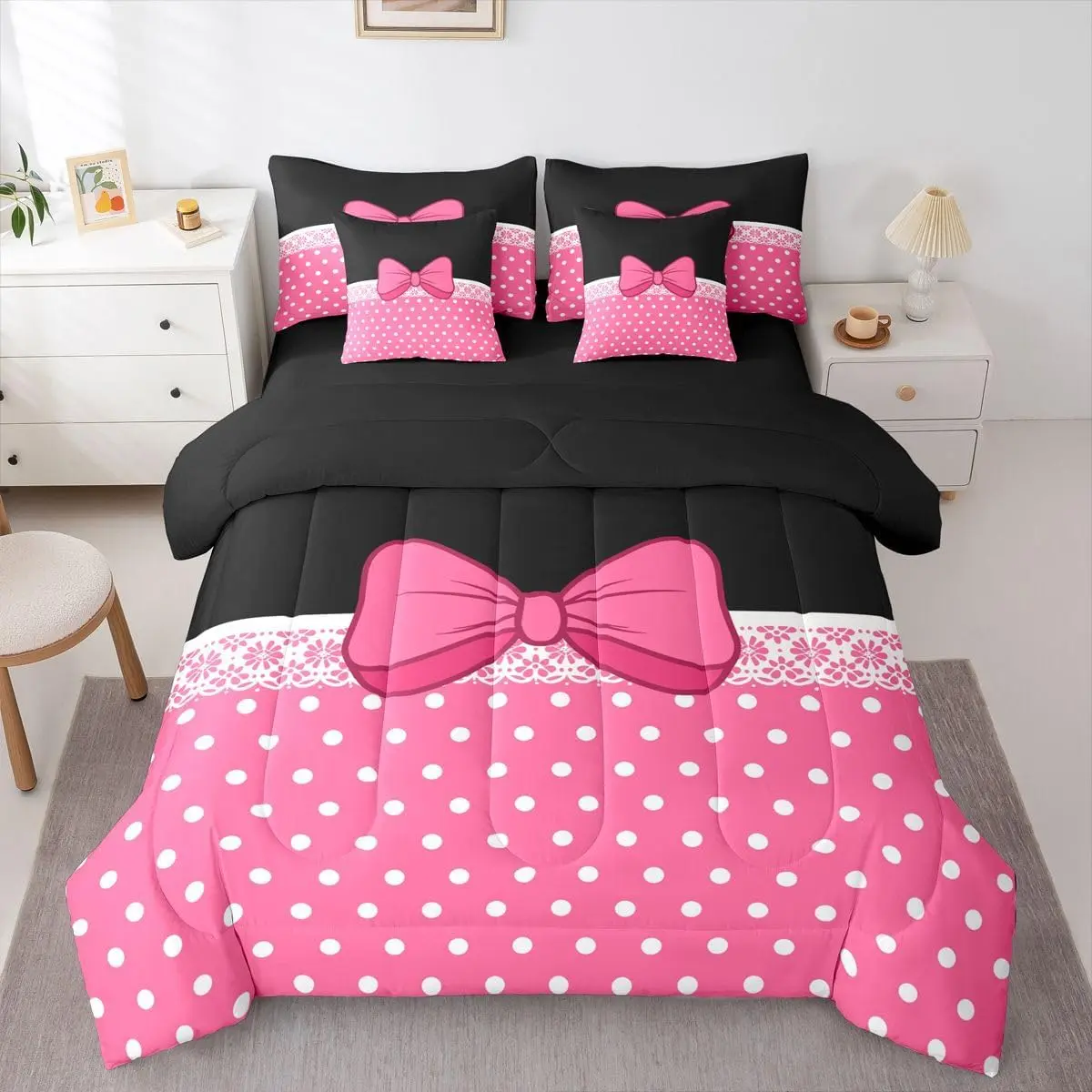 Polka Dots Pink Bow Comforter Set with Sheets 7 Piece White Damask Bed in a Bag Kids Boys Girls Cute Bow Bedding Set Kawaii Bedroom Decor Breathable Soft Lightweight Microfiber