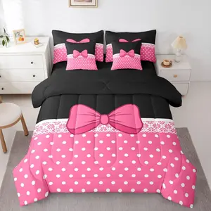 Polka Dots Pink Bow Comforter Set with Sheets 7 Piece White Damask Bed in a Bag Kids Boys Girls Cute Bow Bedding Set Kawaii Bedroom Decor Breathable Soft Lightweight Microfiber