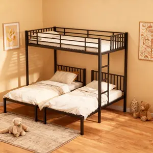 Doenxt Modern Triple Bunk Bed 3 Bed Bunk Beds Separates Into 3 Twin Beds Noise Reduced Structure Black Metal Frame Detachable Design Solid Stable Structure