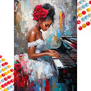 5D DIY Full Drill Round Diamond Painting - Diamond Art Painting Kit Piano, Red Flower, White Dress Mosaic, Canvas - DIY Decorative Painting, Home Wall Decor, Suitable for Halloween and Christmas, Birthday and Anniversary Gifts, Diamond Painting Kits