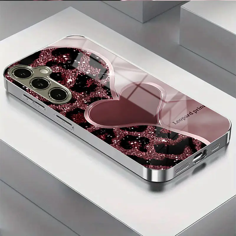 Multi-Model Shockproof Smartphone Case - Protective Handheld Casing & Cover for Samsung Galaxy S20-S25 Plus, A05-A06, A14-A16, A24-A26, A34-A36, A54-A56 - High-End Leopard Print Heartbeat Electroplated Glass Anti-Drop Phone Accessory