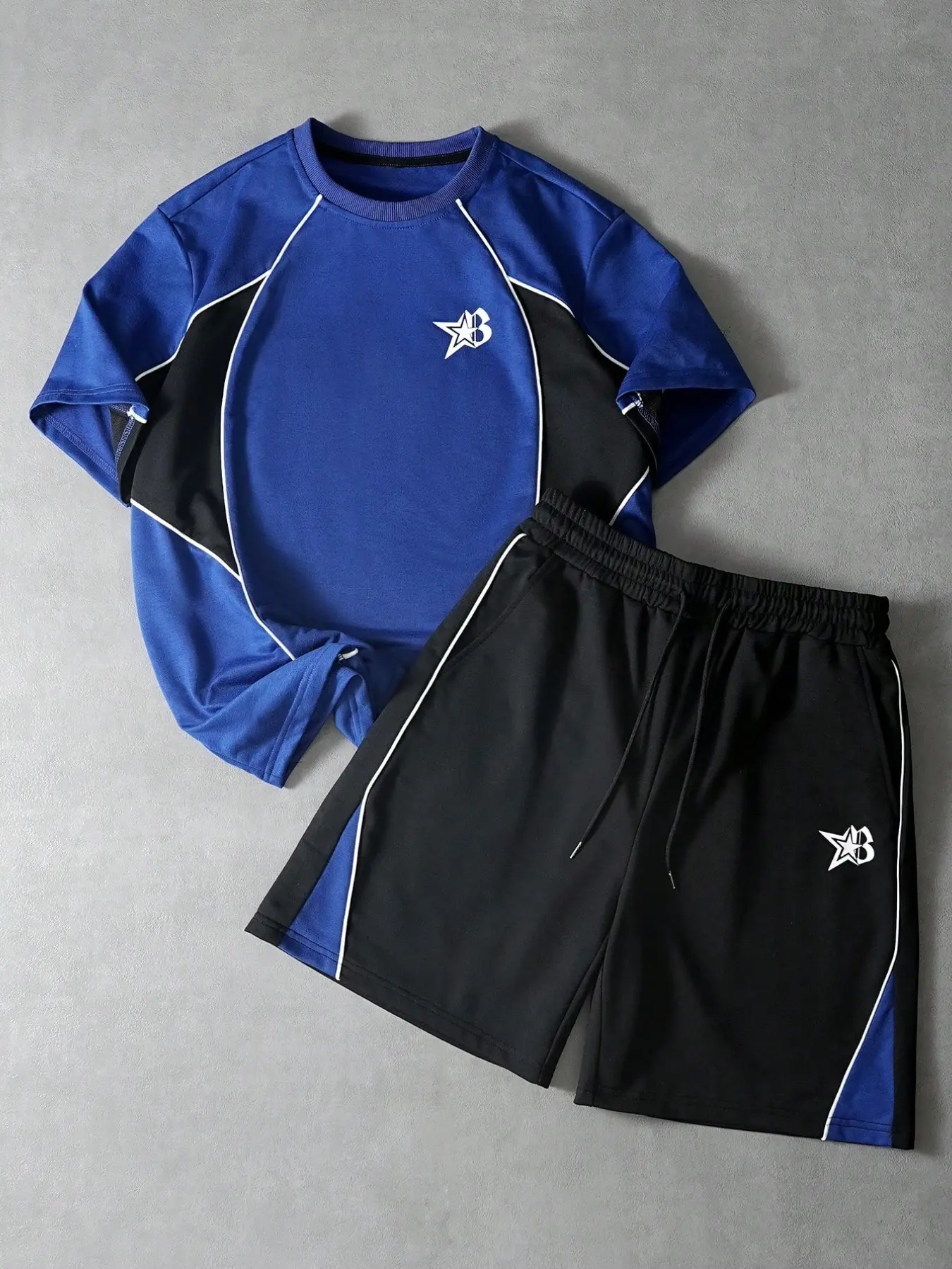Y2K Style Two-Piece Set, Colorblock Tee & Shorts Combo, Sporty Shorts, Star Print, Casual Streetwear, Unisex Sports, Sports Suit, Fitted Design, Athleisure Summer Clothes