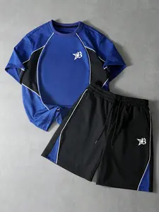Y2K Style Two-Piece Set, Colorblock Tee & Shorts Combo, Sporty Shorts, Star Print, Casual Streetwear, Unisex Sports, Sports Suit, Fitted Design