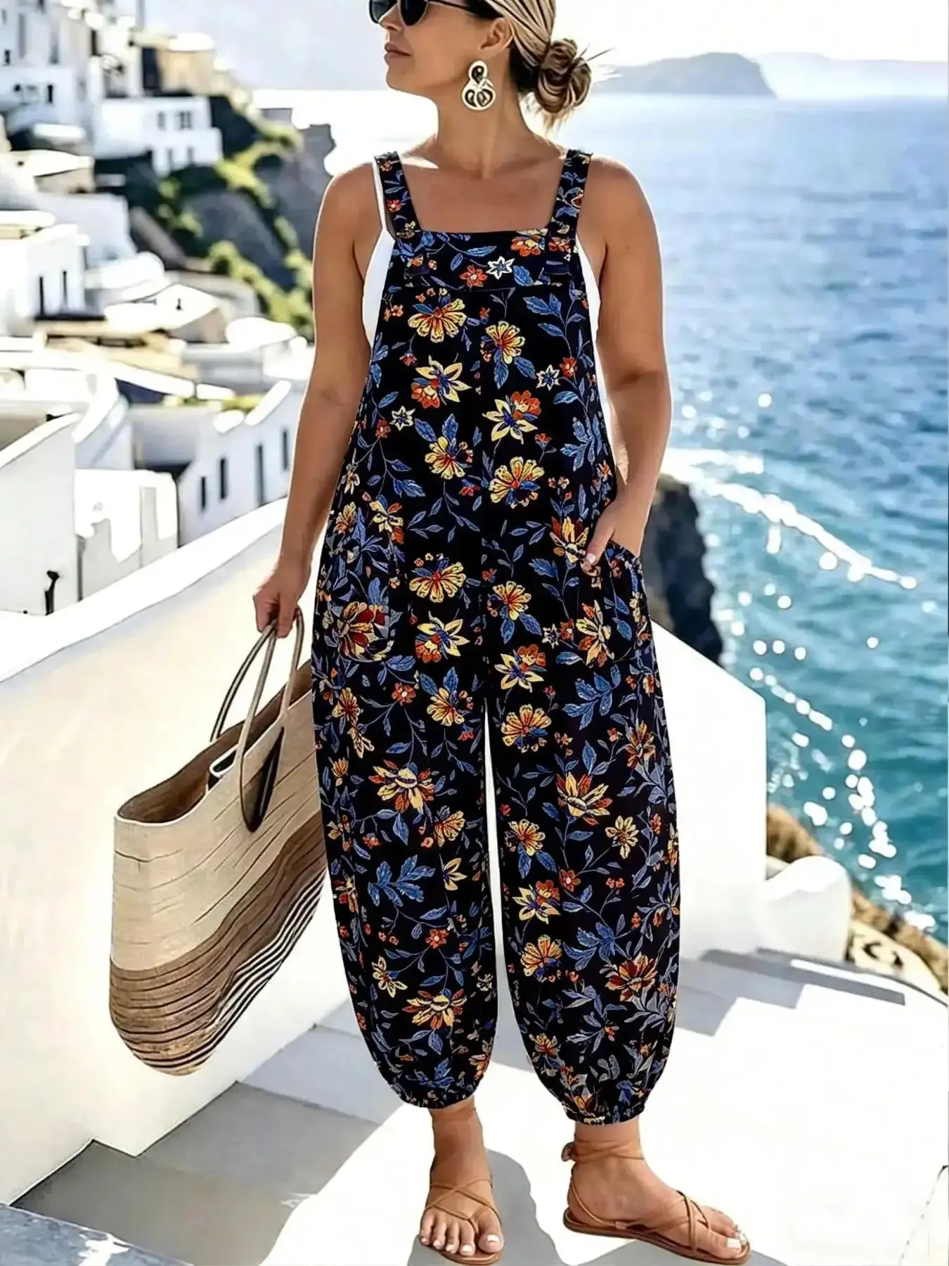 Plus Size Women's Spring Summer Elegant Fashion Casual Commute Checked Pocket Belted Jumpsuit, Loose-Fitting All Seasons Clothing Womenswear