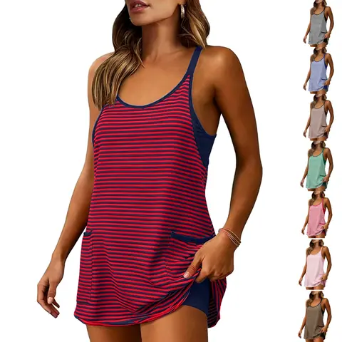 JovenPara Women's Athletic Striped Mini Dress - Sporty Chic, Tennis Sports Style, Built-in Shorts, V-Neck Spaghetti Straps, Pockets for Summer Spring Activities, Sporty Chic Dress, Tennis Sports Dress
