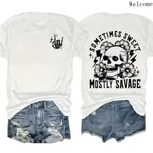 Women's Casual Fit Skull Print Round Neck T-Shirt Summer Short Sleeve Loose Ladies Top Streetwear Fashion Tees