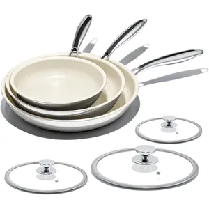 Nonstick Frying Pan Set - 8"10"12" Titanium Ceramic Skillet with Lid, Stay-Cool Handle,, PTFE, PFOA-Free, , Dishwasher & Oven Safe, Compatible with  Cooktops,Cream White