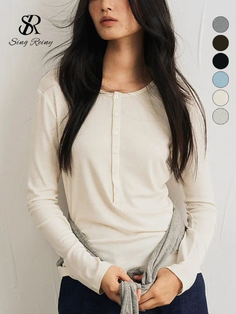 SINGREINY Women's Long-Sleeves Loose Fit Pullover, Lyocell-Wool-Cashmere-Acetate Blend Basic Top, Comfortable Minimalist Casual Clothes with Button Design for Autumn-Spring
