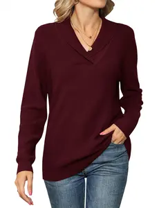 Women's Long Sleeve V-Neck Pullover Lapel Knit Sweater