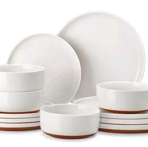 12 Pieces Modern Stoneware Dinnerware Set For 4 Kitchen Dinner Set Ceramic Dishware Dishes Set Microwave and Dishwasher Safe, White.