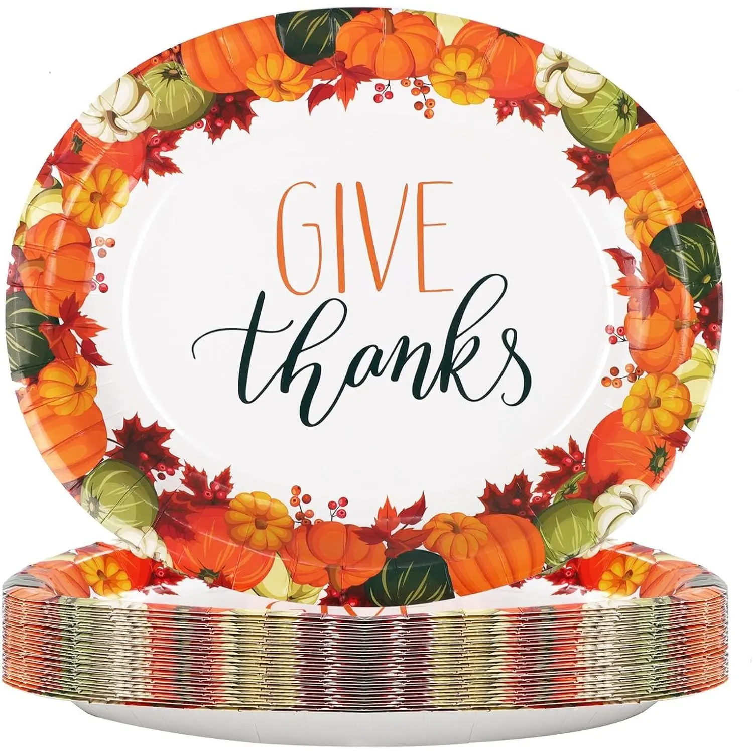 30 Pcs Thanksgiving Oval Paper Plates 12" x 10"Heavy Duty Paper Plates, Large Disposable Dinner Plates Give Thanks Party Platters Thanksgiving Dinnerware Set