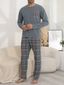 Men's Two-Piece Home Set, Spring & Fall Winter Sleepwear Pajama, Round Neck Casual Comfortable Long Sleeve Pants, Plaid Print