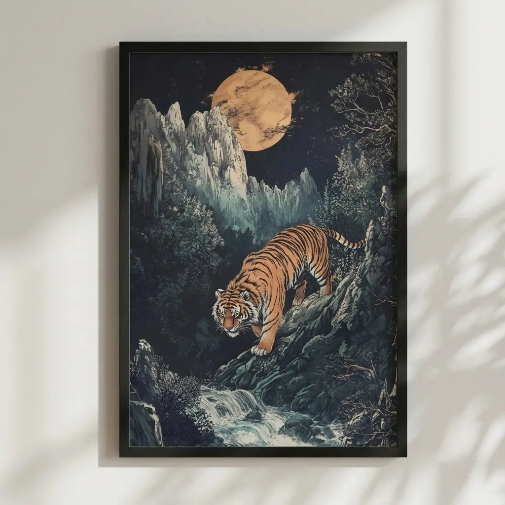 Tiger Canvas Japanese Ukiyo-e Wall Art Vintage Asian Mythological Animal Poster Under Full Moon Mountain Stream Wild Tiger Aesthetic Painting Mystical Oriental Nature Picture Living Room Decor