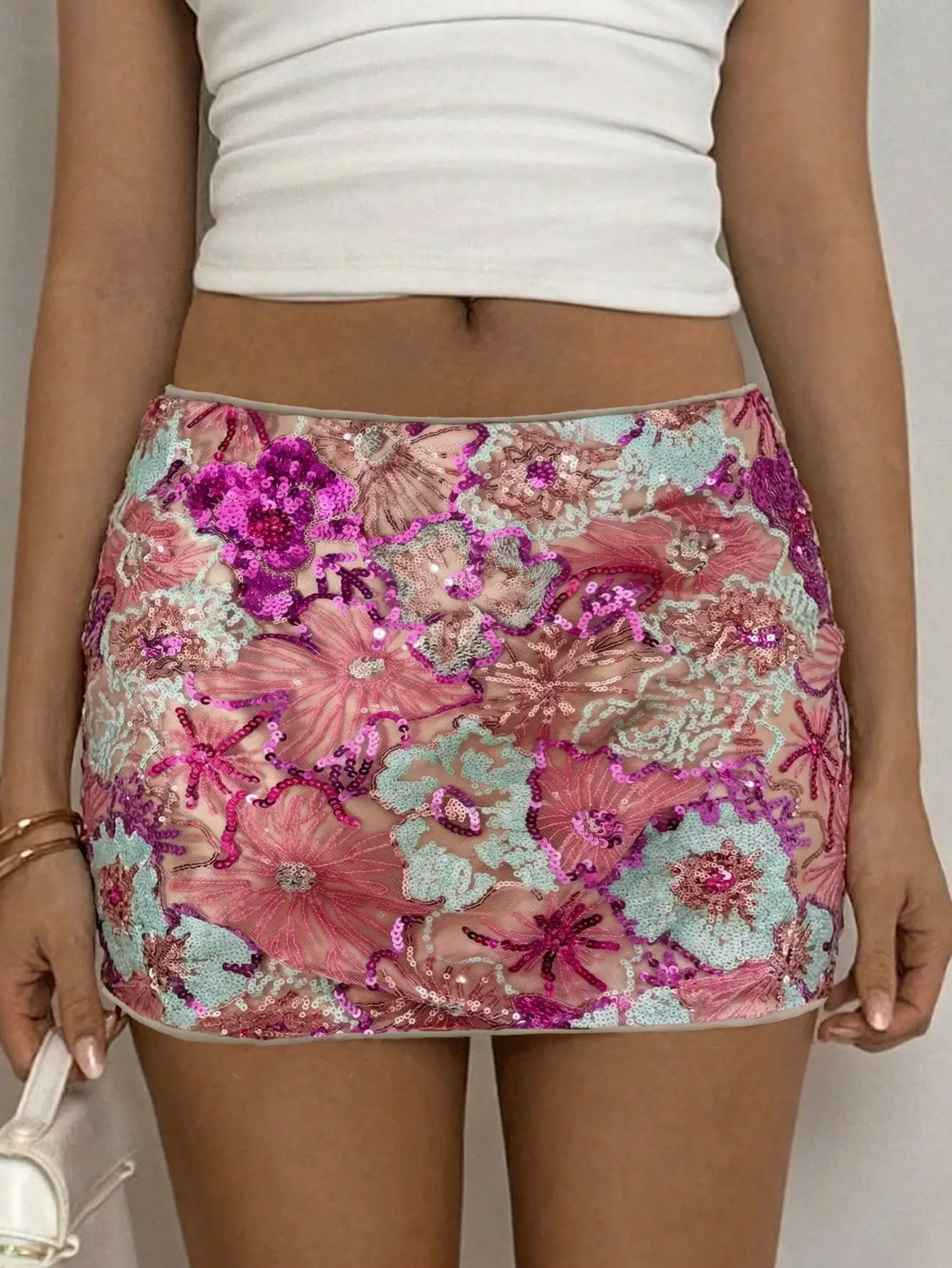 Women's Sequin Floral Mini Skirt | Sexy Resort Style Bodycon Skirt With Sparkly Summer Party Silhouette | Beach Vacation Holiday Festival Date Night Club Brunch Going Out Y2K Outfit For Women