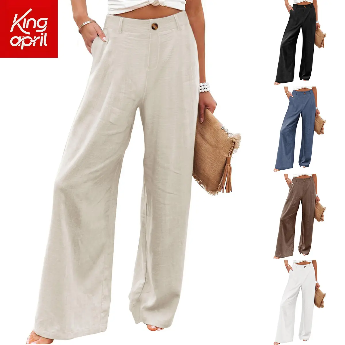 Kingapril Women's Minimalist High-Waisted Wide-Leg Cotton Linen Pants - Button Front, Elastic Waist, Airy Linen, Pork Chop Pocket, Breathable Long Casual Bottoms for Women, Basic Cotton Pants