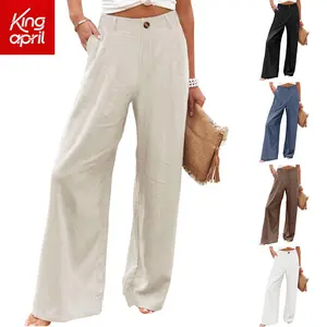 Kingapril Women's Cotton Linen Pants Casual Button Up High Waisted Wide Leg Trousers Womenswear Elastic