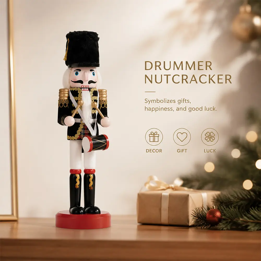 30cm Wooden Drummer Nutcracker Soldier Xmas Decor, Hand-Painted Black Fabric Figurine, Classic Holiday Tabletop Ornament with Mini Drum & Drumsticks, Collectible Christmas Gift