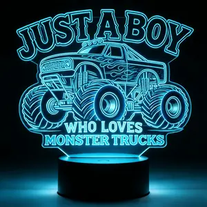 3D just Boy Monster Truck Black Bottom Night Light Remote Control with Dimmer, Kids Room Decoration for Holiday Birthday Christmas