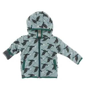 Print Quilted Jacket with Sherpa-Lined Hood in Jade Mallard Duck/Stone Rainbow Trout