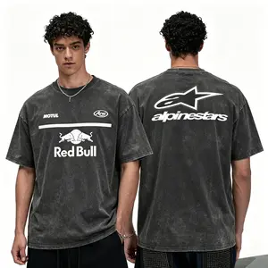 Women's Vintage Washed Dark Grey Short-Sleeve Casual Streetwear Stylish T-Shirt - Red Bull & Alpinestars Racing Motorcycle Oversized Top
