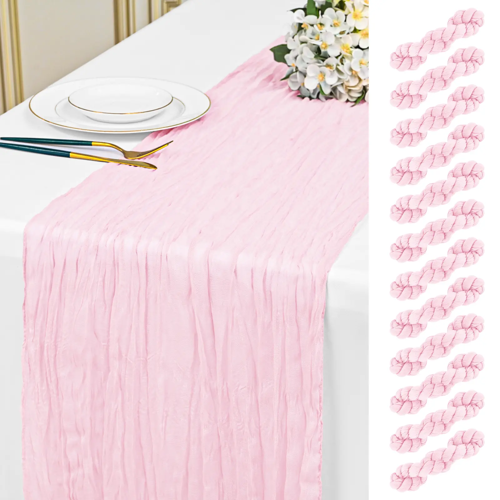 8 16 24 Packs 10Ft Light Pink Cheesecloth Table Runner 20 x 120 inch Boho Gauze Cheese Cloth Table Runner Vintage Rustic Sheer Runners for Wedding Bridal Shower Birthday Party Cake Table Decorations