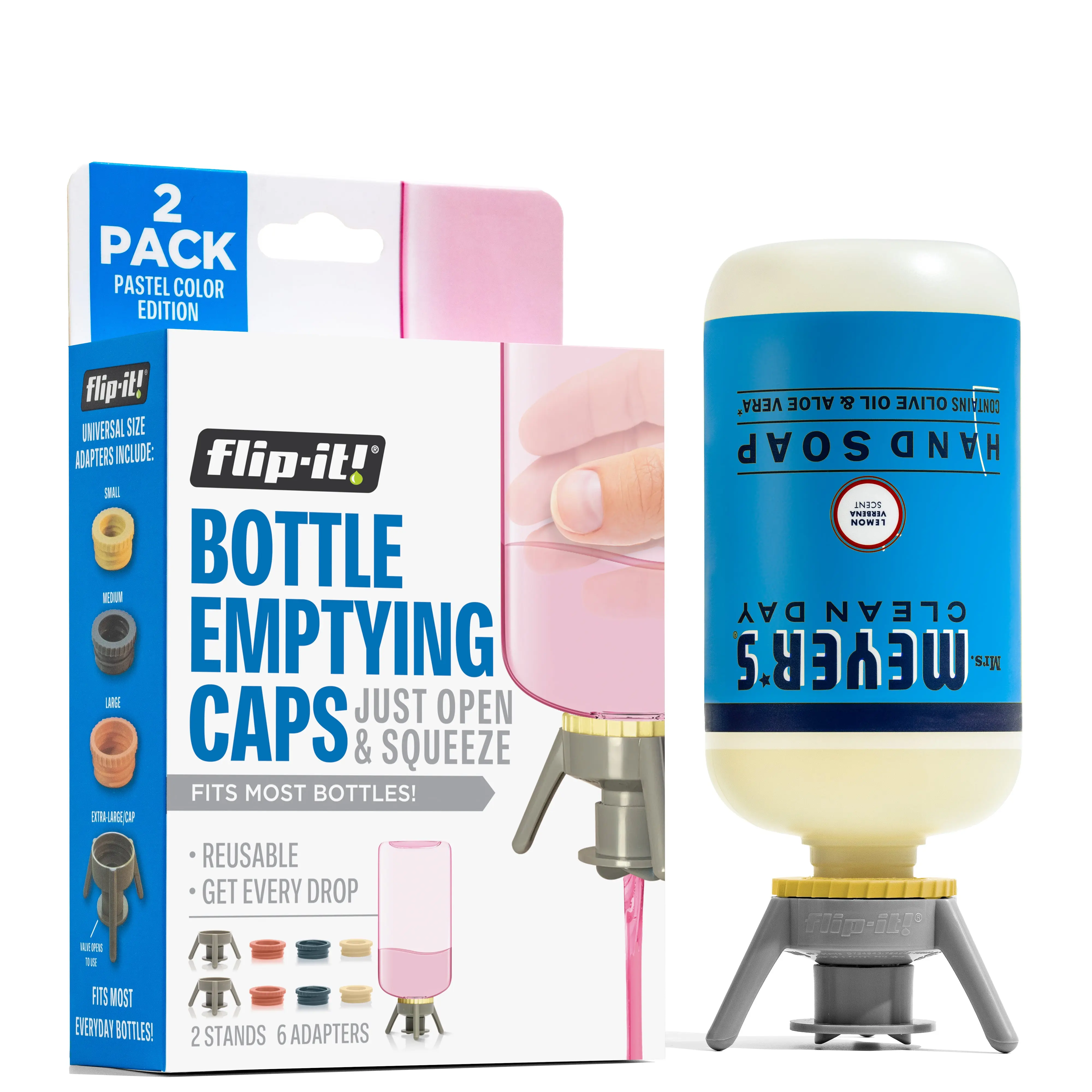 Flip It! Bottle Emptying Caps - 2 Pack - Adapters for Any Screw Cap Size - Shark Tank - Universal Bottle Saver, Lotion Bottle Adapter, Pump Replacement, Food Safe Reusable Household Hack for Home Use