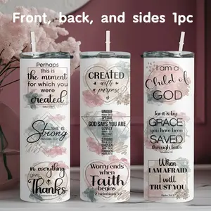 1pc 20oz stainless steel water bottle, printed with religious inspirational quotes card set design straw cup water bottle, suitable for fitness, travel, driving, daily use at home, gifts for family and friends, Drinkware Stylish Flasks