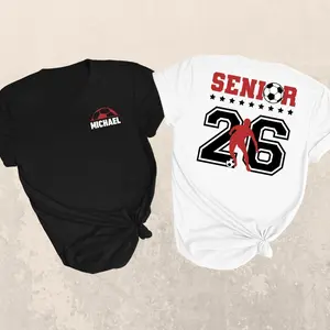 Custom personalized soccer senior 2026 shirt for high school graduates, comfortable athletic cotton tee with name on front, class of 2026 graduation gift tshirt, varsity style soccer player back print t-shirt for men and women