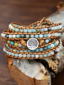 Boho Style Natural Amazonite Beaded Bracelet, Tree Of Life Charm Braided Bracelet for Women & Men, Fashion Jewelry Accessories for Daily Wear, Gift Ideas for Women