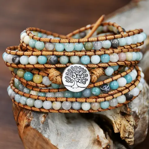 Boho Style Natural Amazonite Beaded Natural Crystals Bracelets, Tree Of Life Charm Braided Boho Stone Bracelet for Women & Men, Fashion Jewelry Accessories for Daily Wear, Gift Ideas for Women, Beautiful Bracelets, Stackable Bracelets