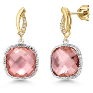 Gem Stone King 925 Silver and 10K Yellow Gold Peach Nano Morganite and Lab Grown Diamond Dangle Earrings for Women | 15.09 Cttw | Gemstone October Birthstone | Cushion 12MM