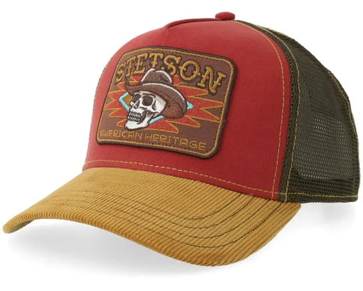 Retro Corduroy Visor Trucker Cap - Embroidered Cowboy Skull Mesh Back Snapback Outdoor Sun Hat