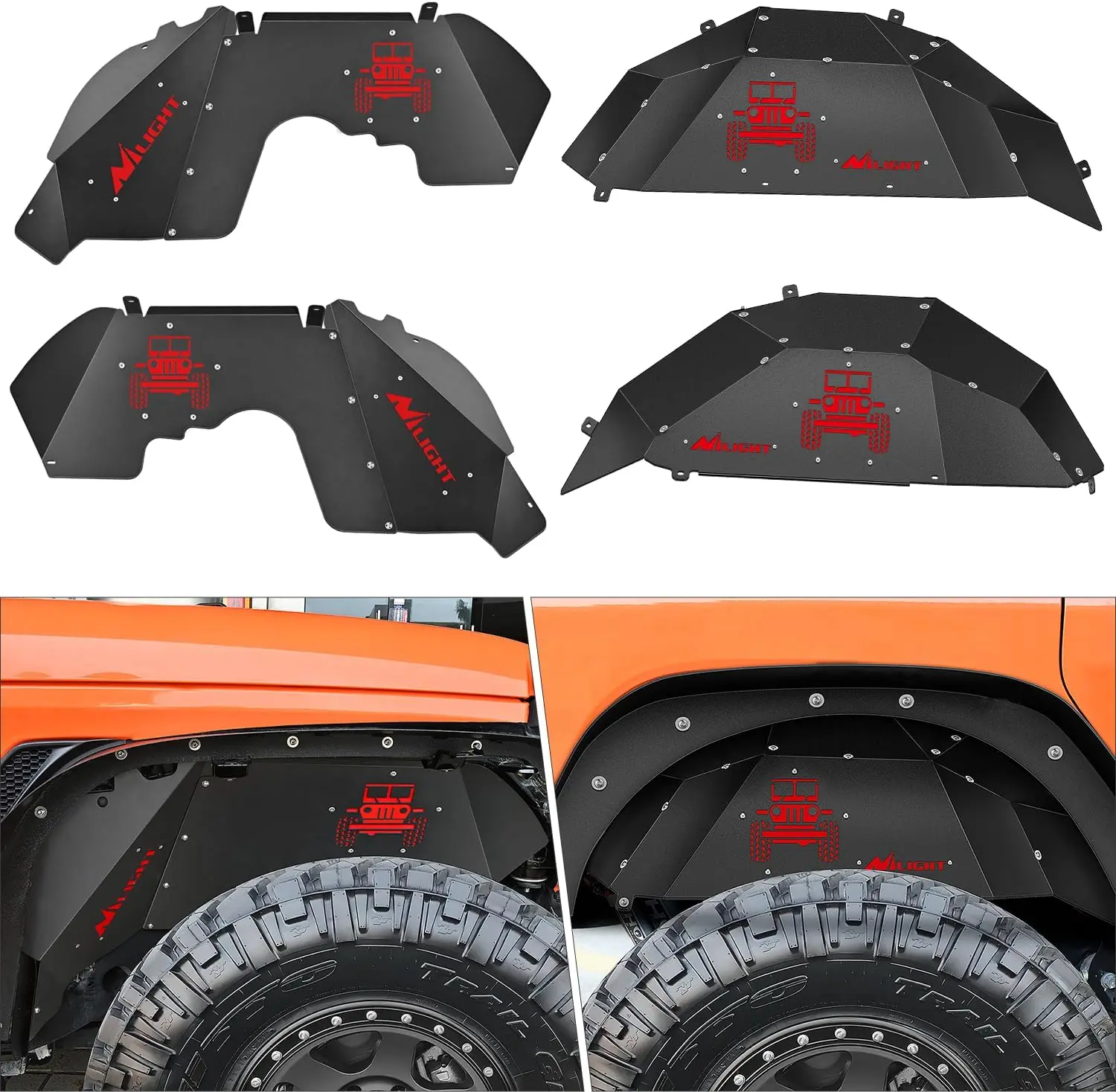 Nilight Passenger & Driver Side Front-Rear Inner Fender Liners Wheel Covers, Bolt-On Splash Guards for Jeep Wrangler JL JLU 2018-2025 (2-Door/4-Door), Powder Coated, Full Coverage, Engine Protection, Assembly Required, Passenger & Driver Side Front&Rear I