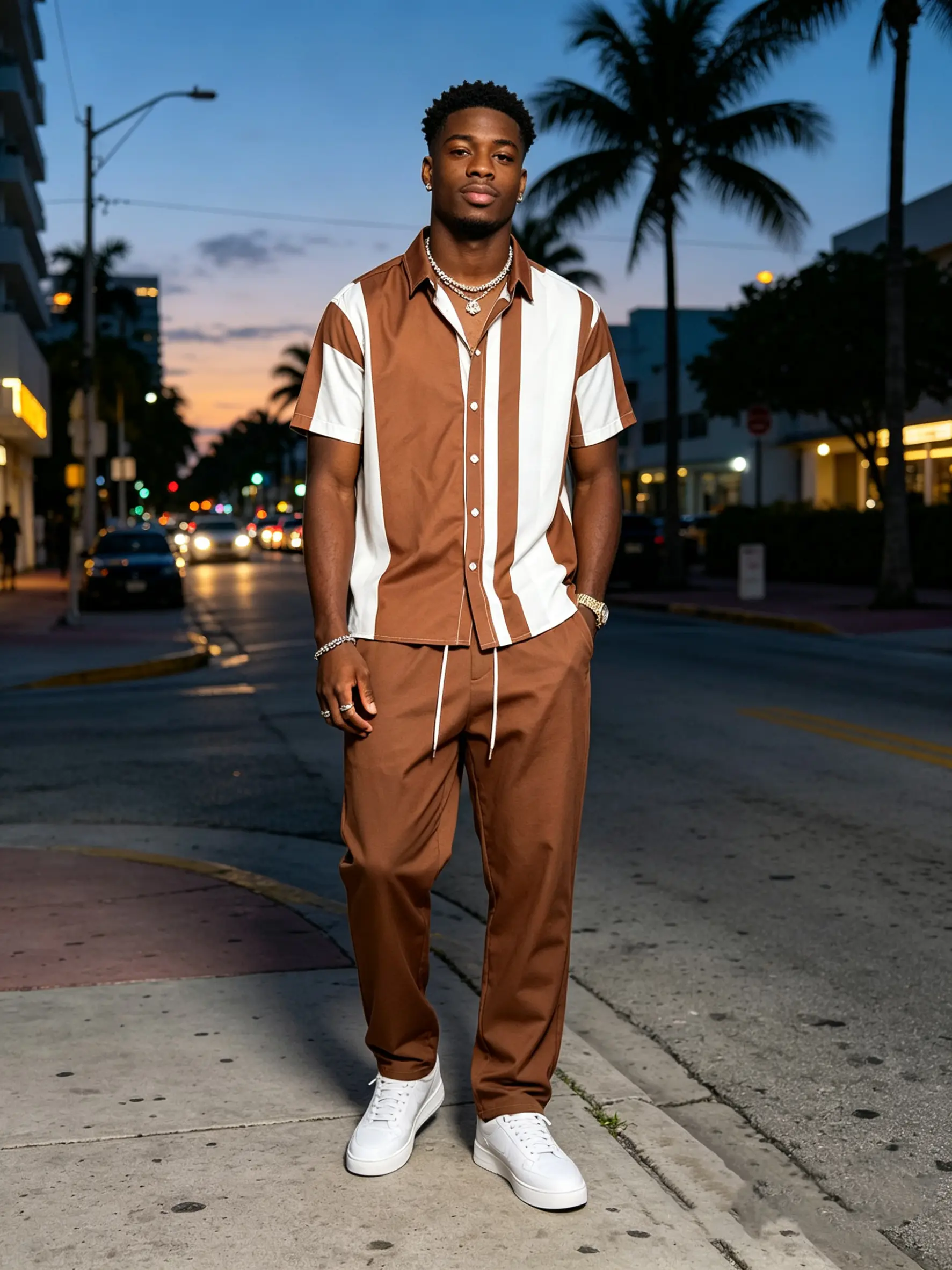 Men's Brown Striped Shirt & Pants Set - Autumn & Winter Edition Business-Casual Style, Minimalist & Easy to Match Men's Clothing, Suitable as Inner Wear, Ideal for Casual Outings, Outdoor Activities & Commuting, Trendy Men's Apparel, Perfect Holiday Gift