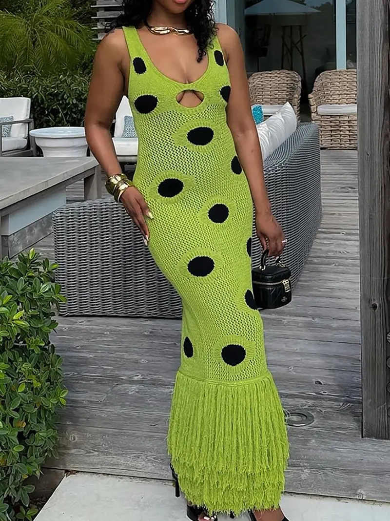 green emerald velvet dress Rihoas Women's Polka Dot Tie-Neck Midi Dress, Green / XL