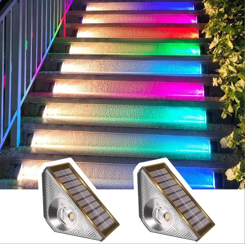 Solar-Powered Outdoor Stair Lights, Warm White Outdoor Lighting,Sun-Powered Pathway Lighting,7 RGB + Warm White Colors,Waterproof Outdoor Solar LED, Batteries Included, Ideal for Decks, Patios