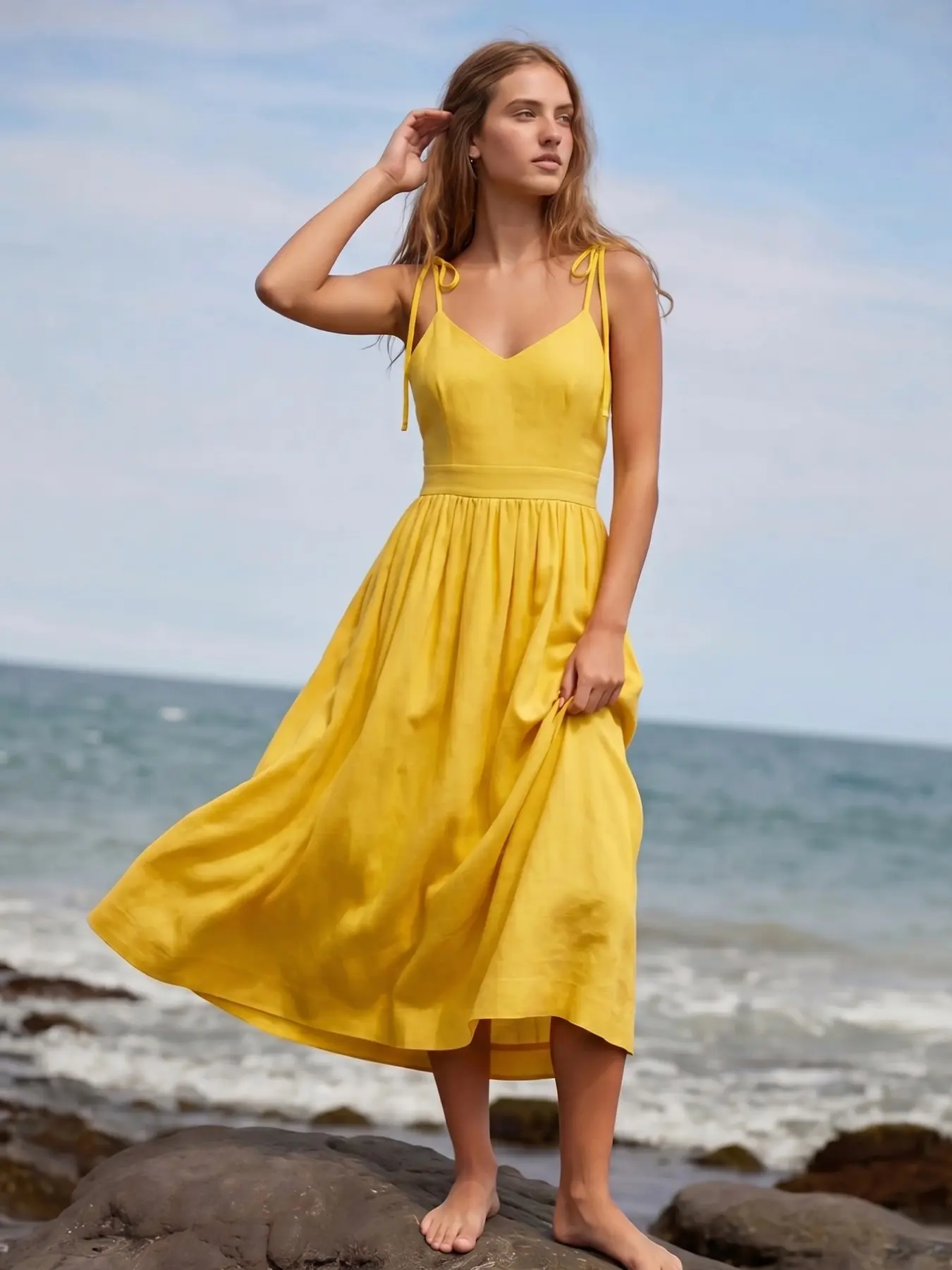 Pocketed Linen Blend Sleeveless Midi Dress, Spaghetti Strap V-Neck, Casual  Fit-And-Flare Design, Perfect for Vacation & Brunch, Available in Multiple  Colors - TikTok Shop