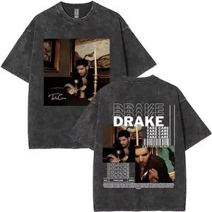 Retro "Drake Inspired Album Collage" Print T-Shirt, Washed Black Urban Streetwear Short Sleeve Cotton Unisex Tee