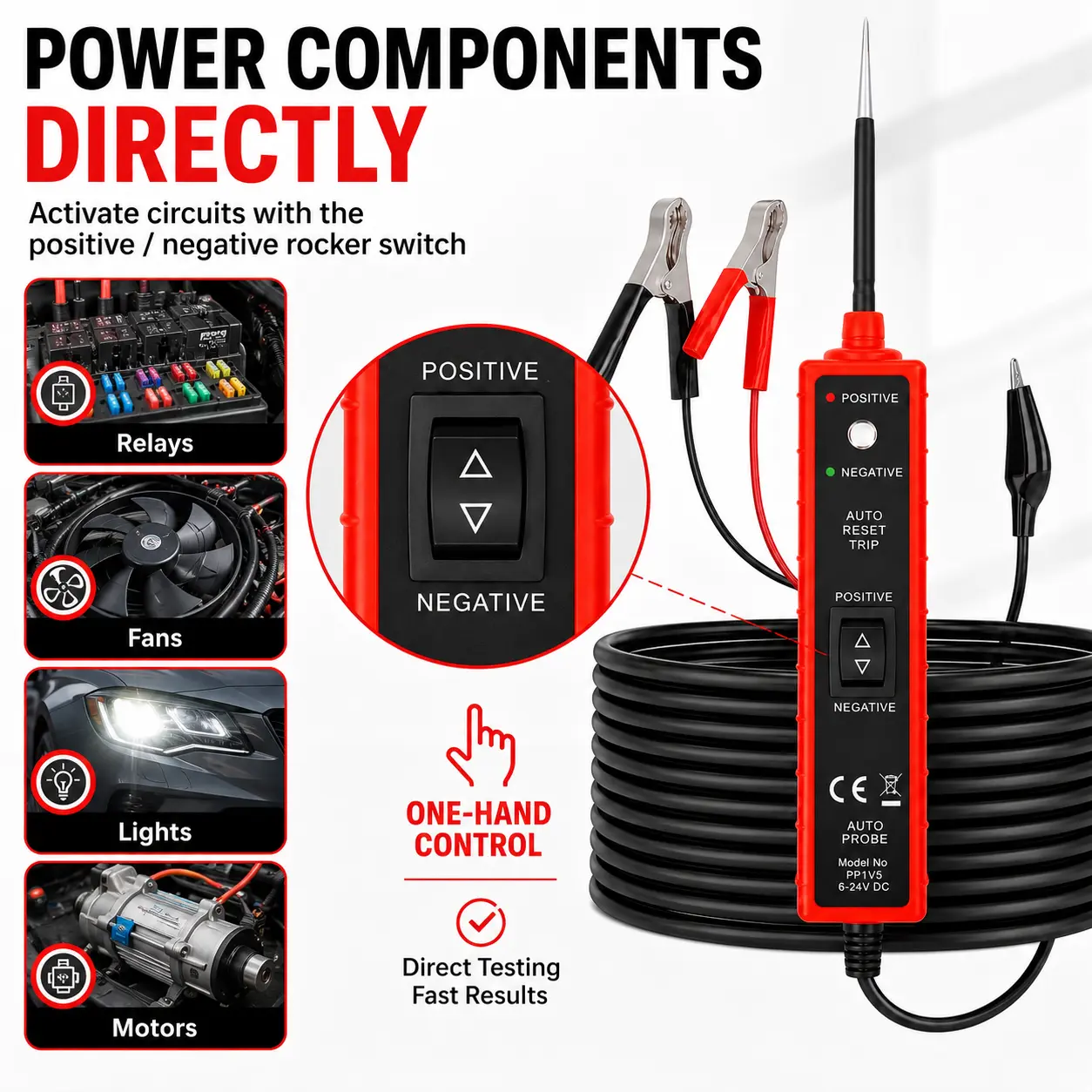 Automotive Power Circuit Tester Tools, 6-24V DC Electrical System Probe with Polarity Indicator, Auto Reset Protection, Long Test Lead, Continuity Check for Car, Truck Wiring men christmas