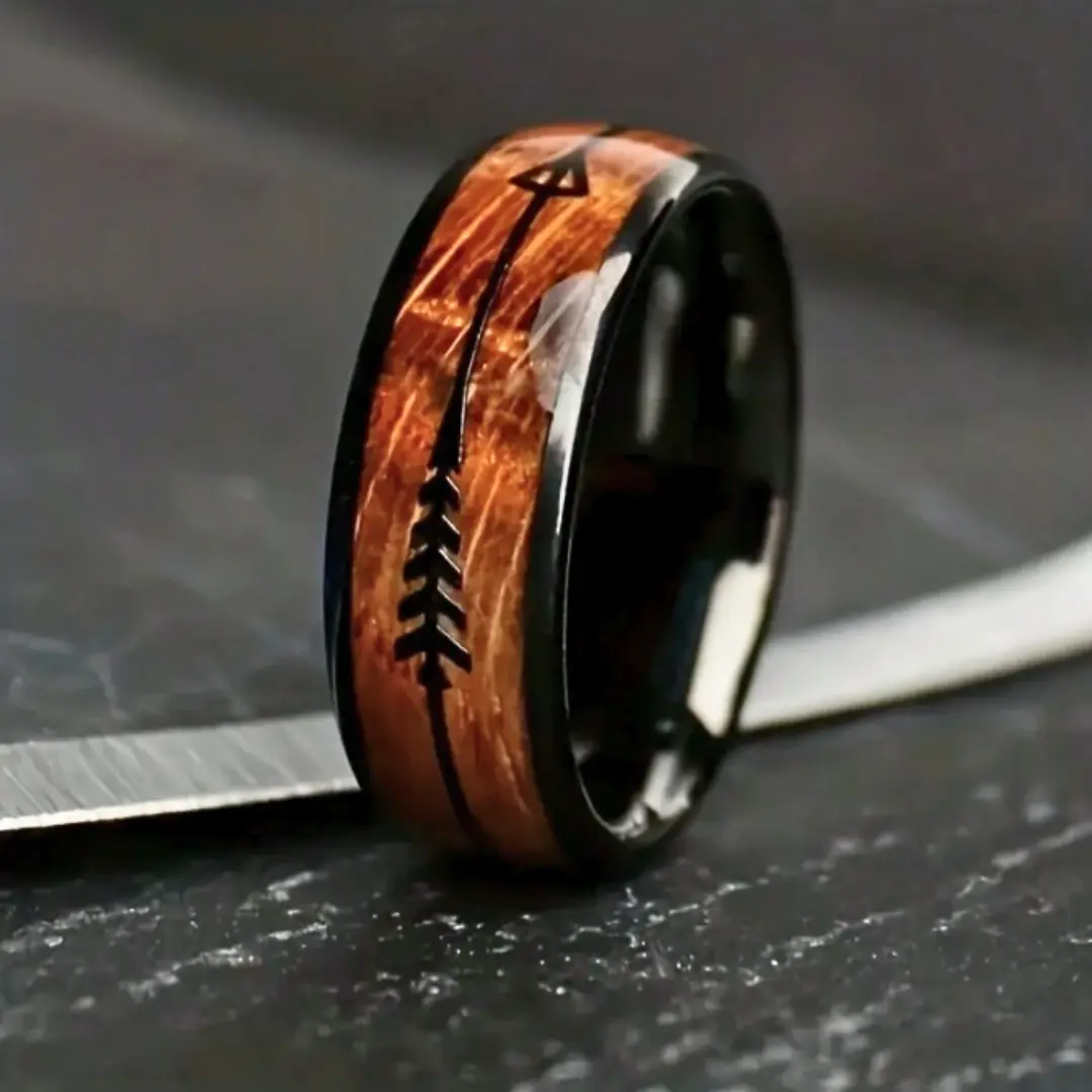 Fashionable and Luxurious 8mm Stainless Steel Wedding Engagement Ring for Men - Faux Wood Grain and Herringbone Arrow Design
