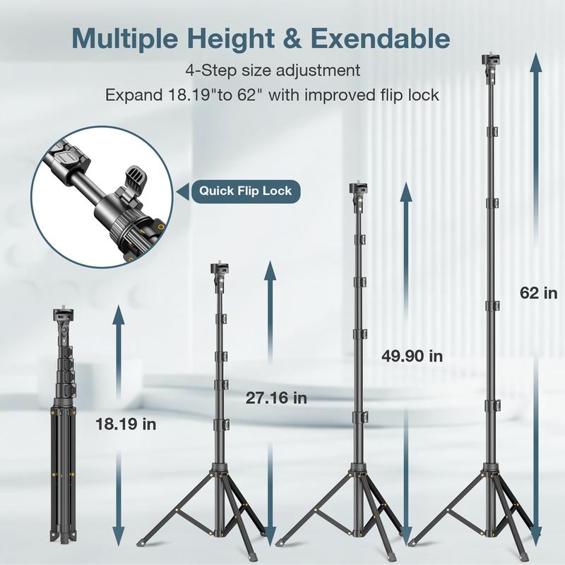 62'' Extendable Phone Tripod & Selfie Stick with Wireless Remote and Universal Holder, Compatible with iPhone, Android, and Cameras