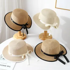 Fine Grass Bowknot Sun Hat, Large Brim Open-Top Straw Hat for Women, Summer UV Protection Foldable Beach Hat