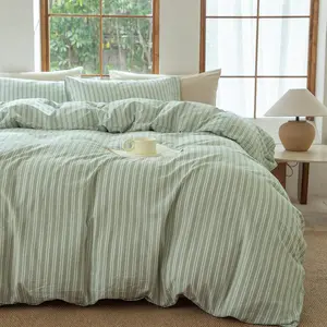Sage Green and White Striped Duvet Cover,100% Washed Cotton Breathable and Linen Like Bedding Set(Strip-Sage Green/White,Queen)